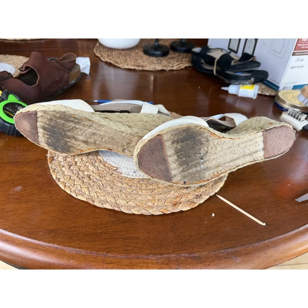 Lauren‎ Ralph Lauren Cream Canvas Espadrille 9B Wedge Sandals Slingback coastal